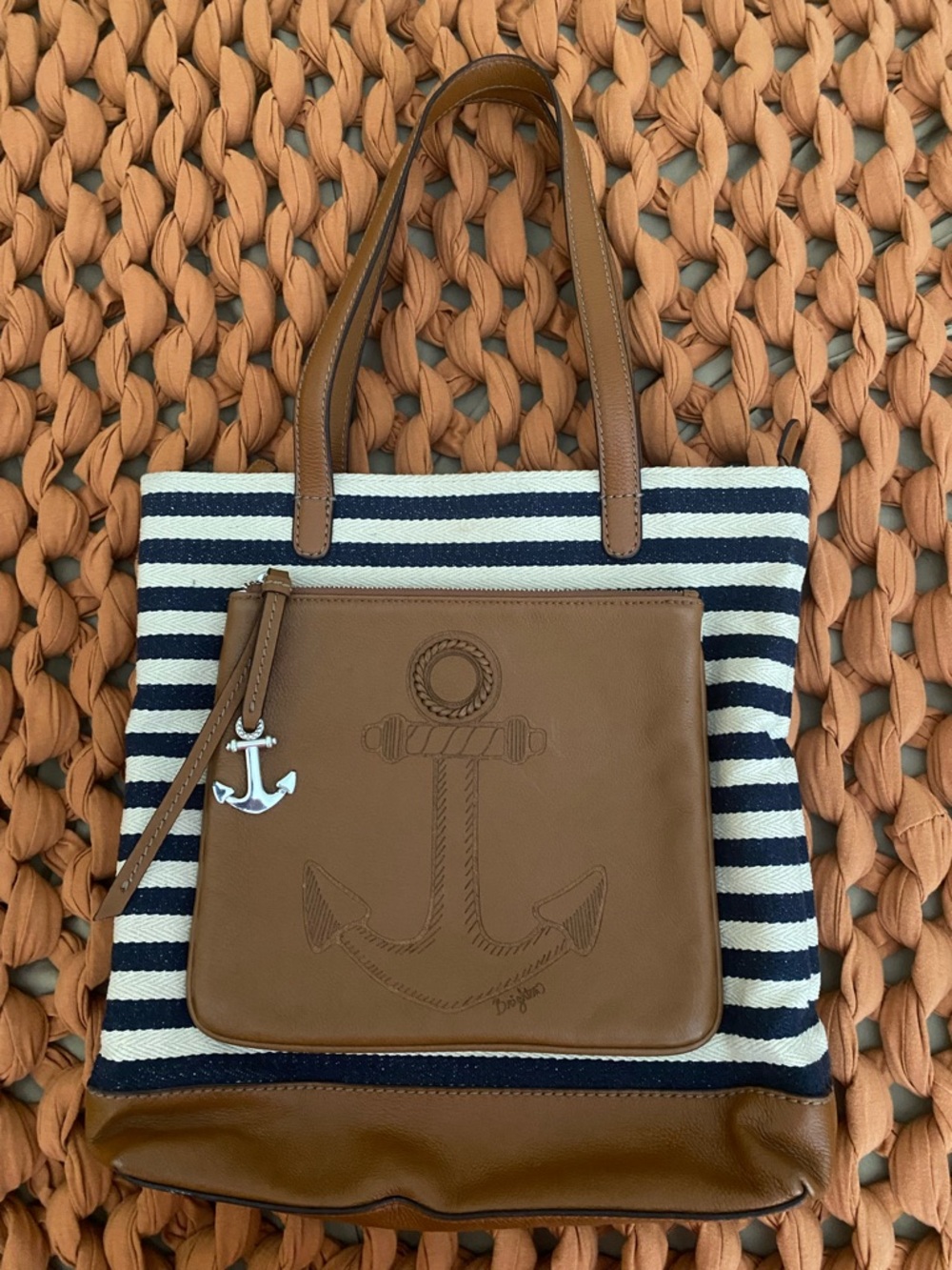 Brighton Anchor Harbor Tote Charm Nautical Shoulder Handbag Brown Leather
